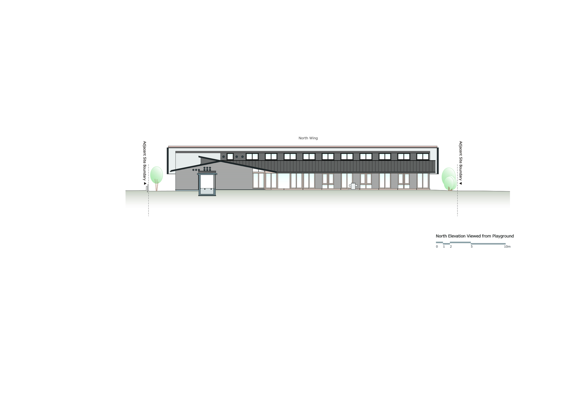 North elevation drawing of the two-story wing with repetitive window openings and a sloped roof