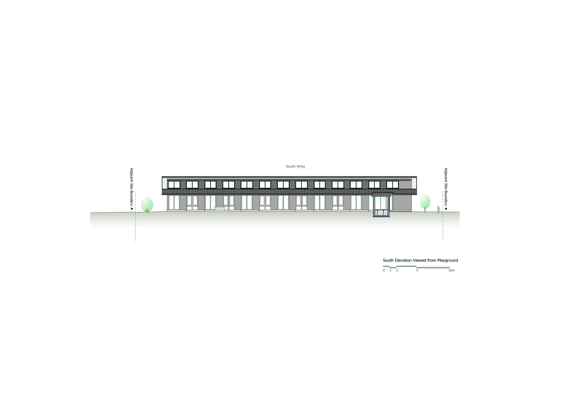 South elevation drawing showing the linear facade with rhythmic fenestration and projecting entrance volume