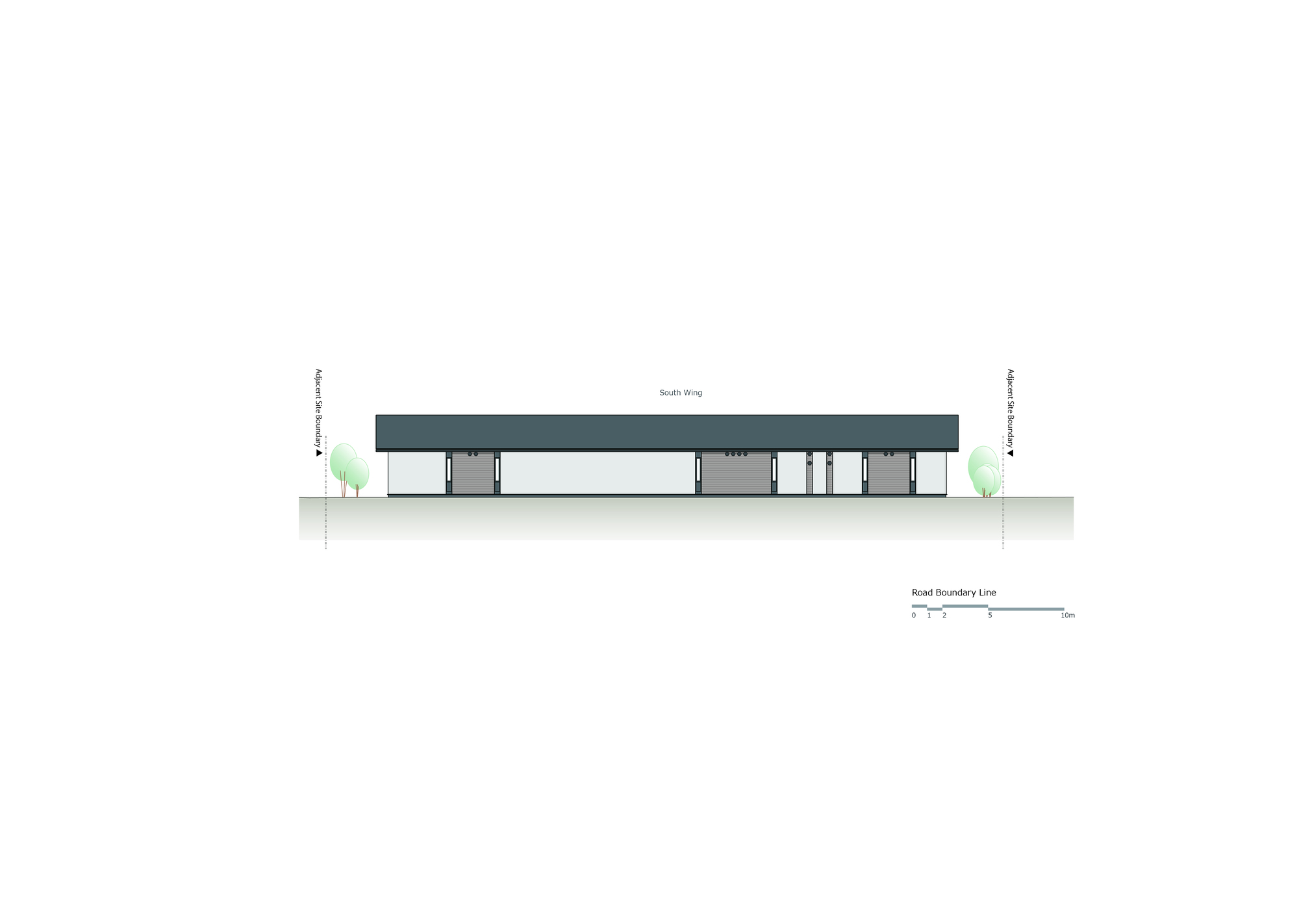 South elevation drawing showing a linear volume with flat roof and flanking trees