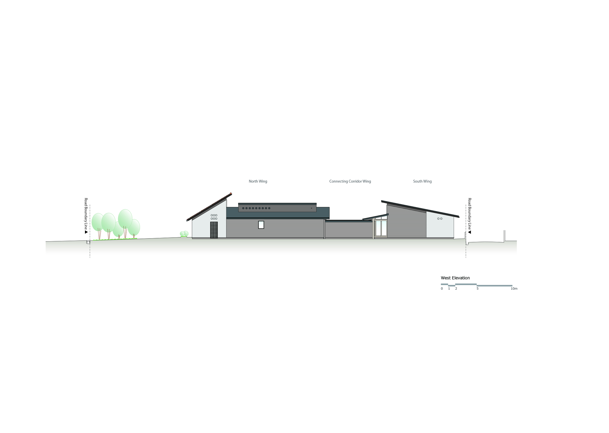 West elevation drawing depicting three connected wings with varying pitched roofs and labeled compass directions