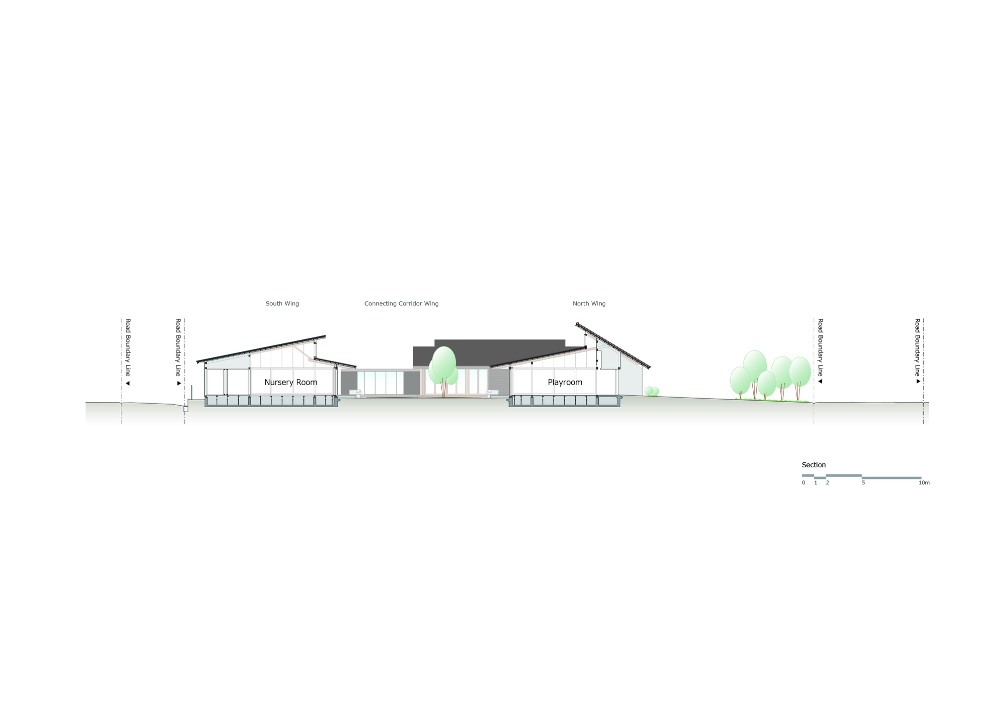 Section drawing revealing nursery room and playroom under angled rooflines with courtyard tree between