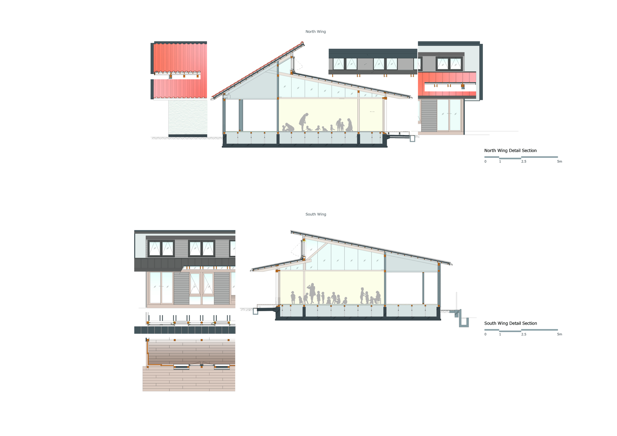 North and south wing detail section drawings showing interior occupancy and coral accent panels