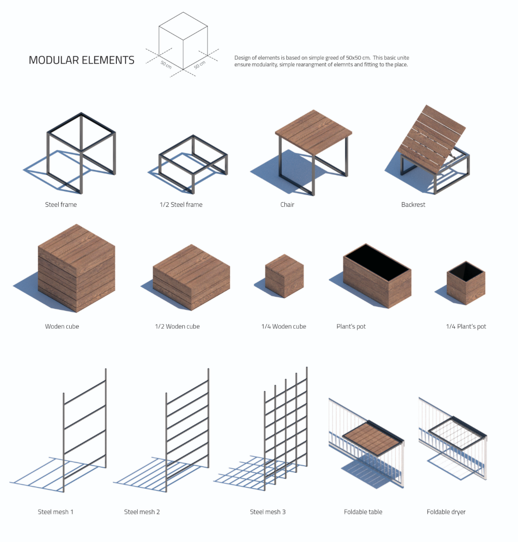 Axonometric drawing showing modular furniture components including steel frames, timber cubes, planters, and mesh panels