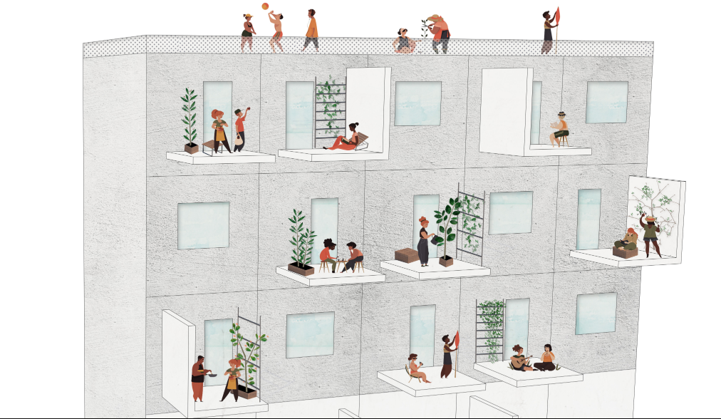 Section drawing of a multi-story facade showing residents using balconies for gardening, gathering, and relaxing
