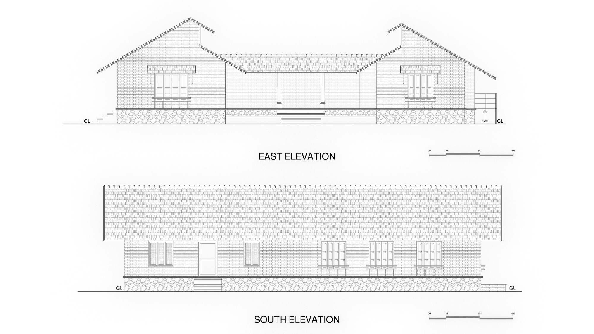 Elevation drawings showing pitched roofs connecting two gabled pavilions with textured wall surfaces
