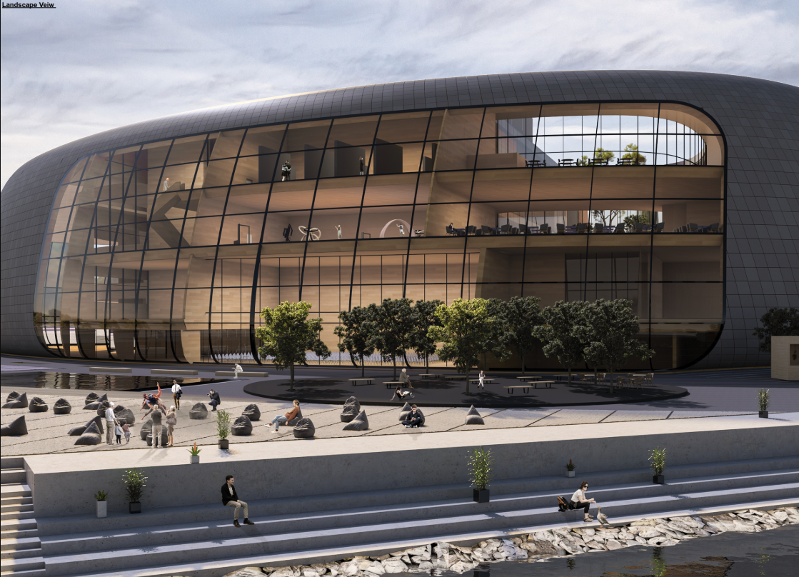 Stepped seating, trees, and open waterfront spaces extend the opera house into an accessible public cultural landscape.