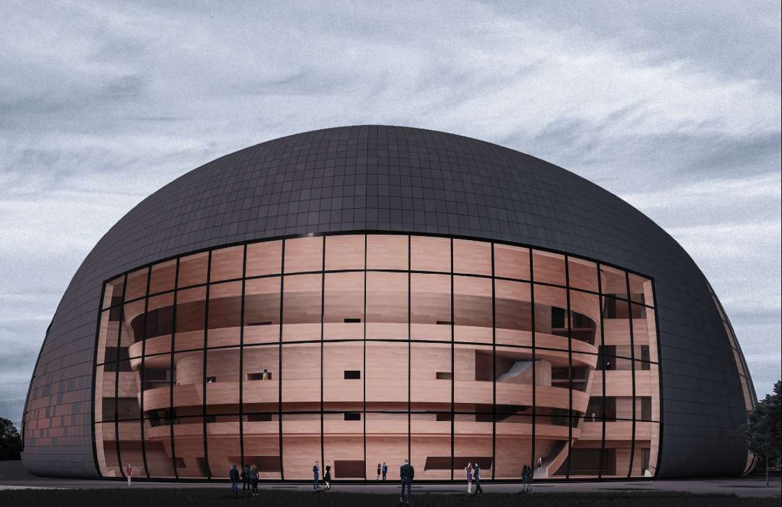 A sculptural curved envelope frames the glazed entrance, revealing the layered circulation and activity within the opera house.