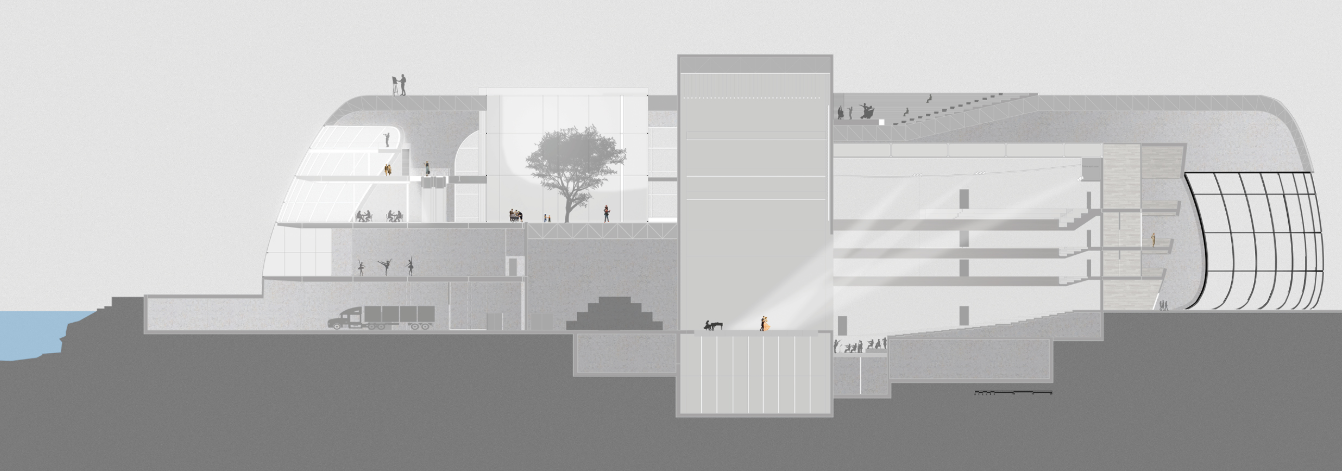 The section reveals the complex vertical relationship between performance halls, public spaces, circulation, backstage areas, and the waterfront.