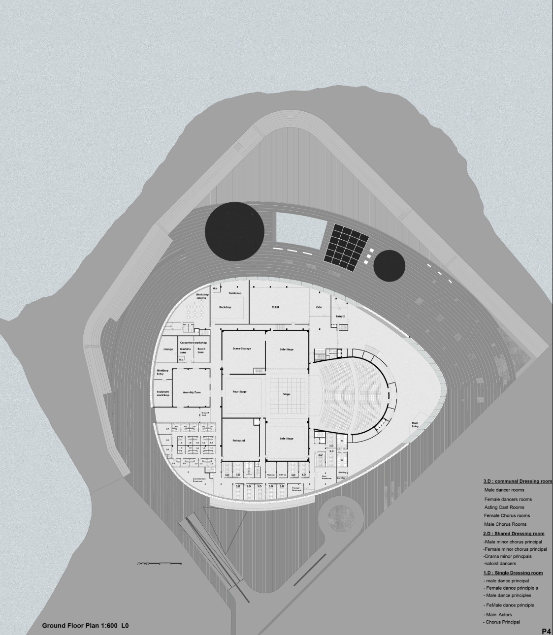 The plan organizes the main auditorium, stage, rehearsal rooms, workshops, dressing areas, and support spaces within a compact sculptural footprint.
