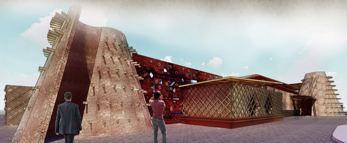 Vernacular architecture shaped by rammed earth, screens, and woven facade elements.
