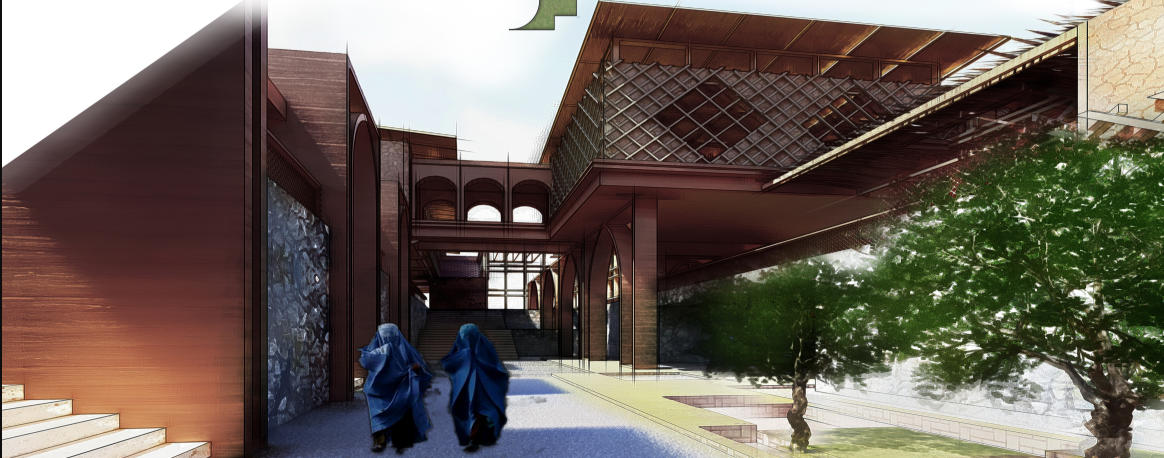Shaded courtyard connecting vocational spaces with landscaped communal areas.