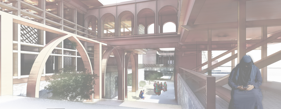 Layered interior circulation creates visual connections across the community center.