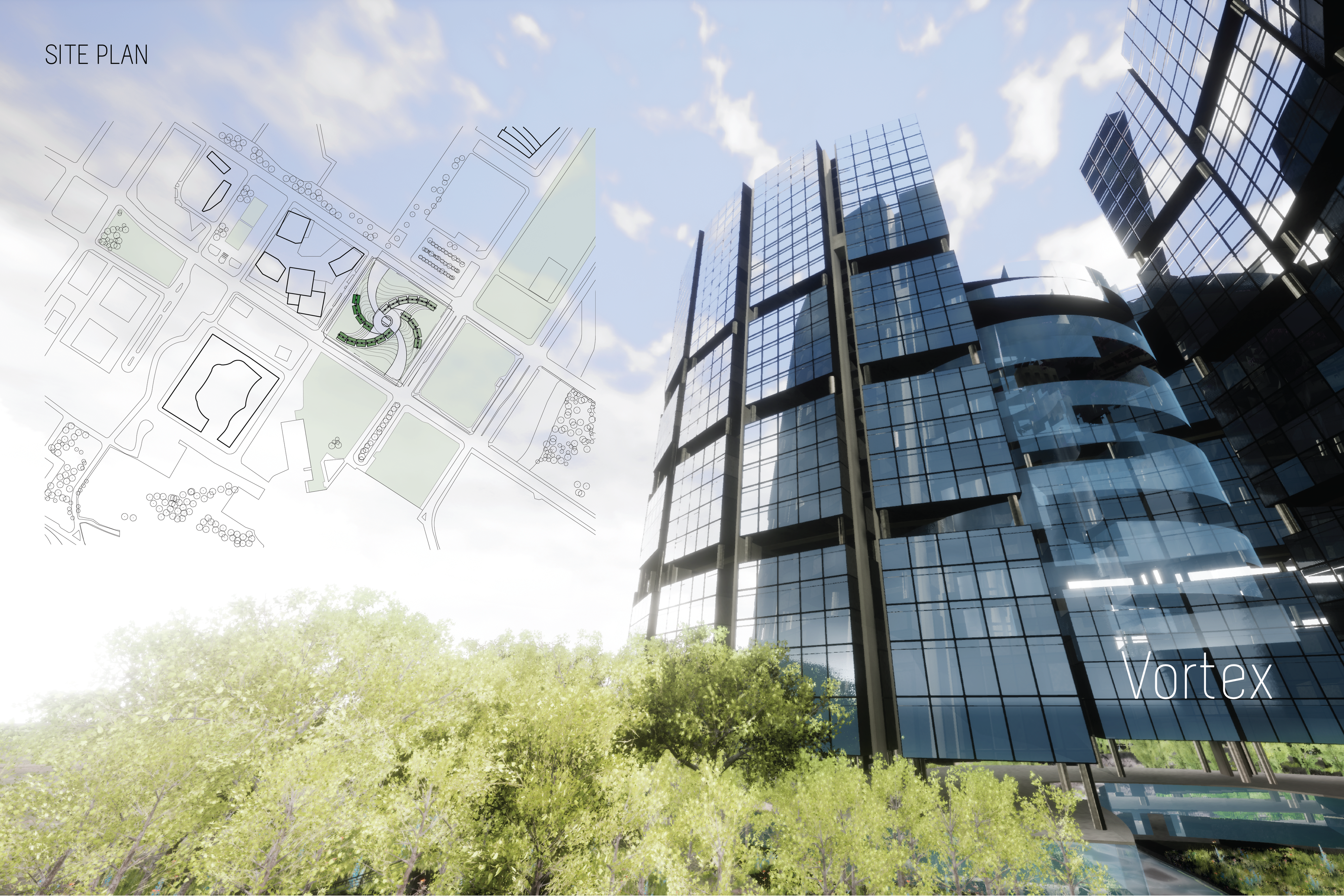 VORTEX site plan and tower visualization integrating dense urban living with landscaped public space.