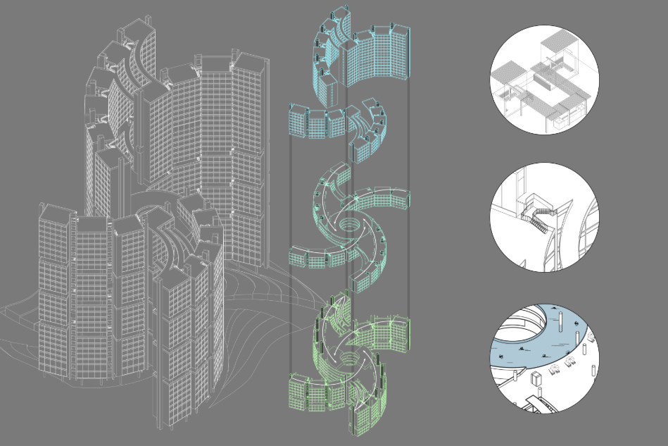 Axonometric studies reveal the interconnected tower volumes, circulation routes and layered communal spaces.