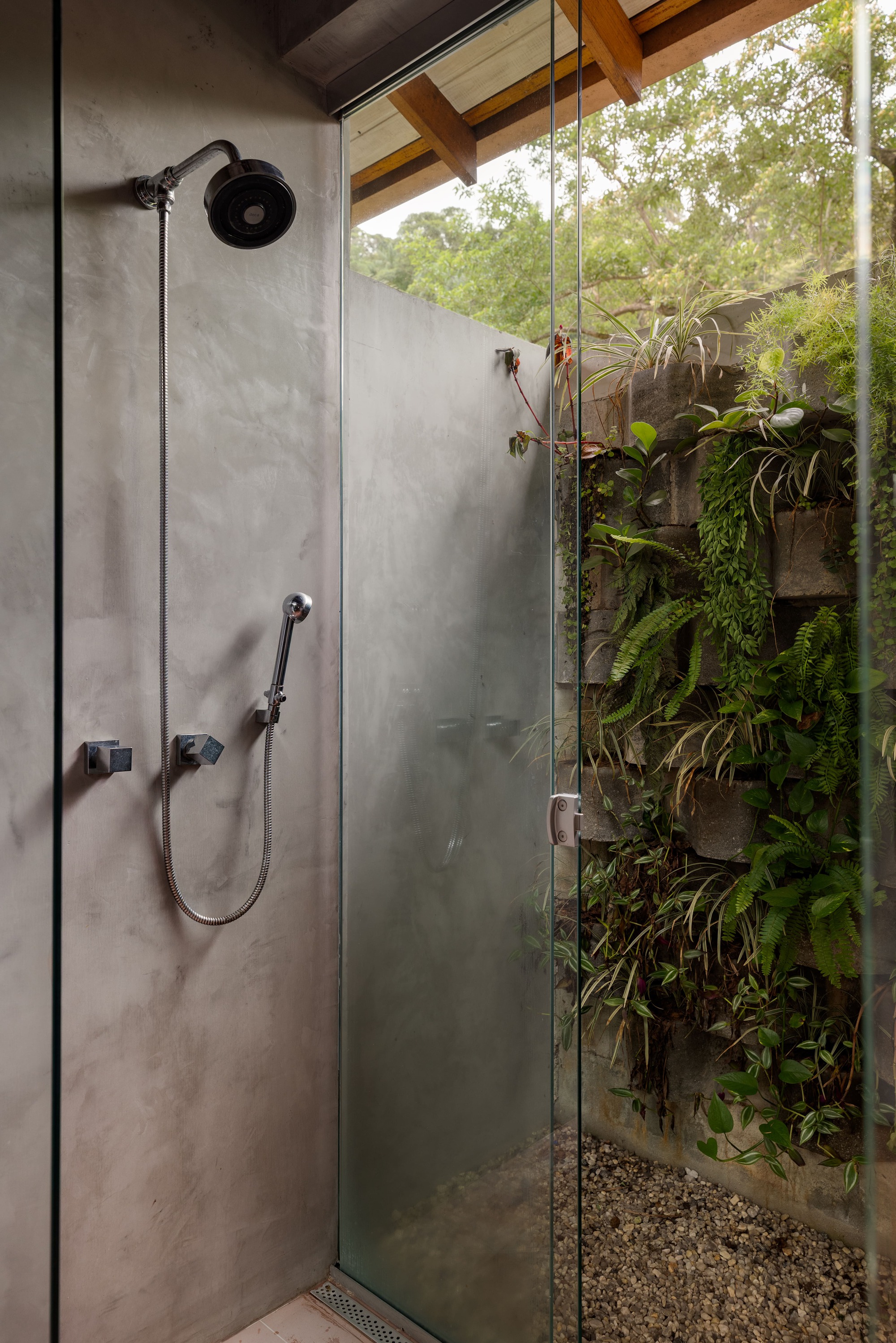 Polished concrete shower enclosure with glass partition opening to planted courtyard with ferns and vines