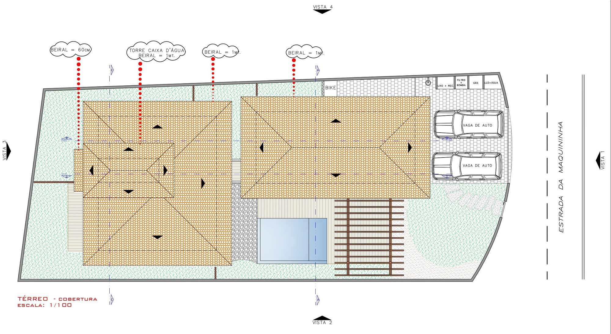 Roof plan drawing depicting two gabled volumes with patterned tiles and a central courtyard pool