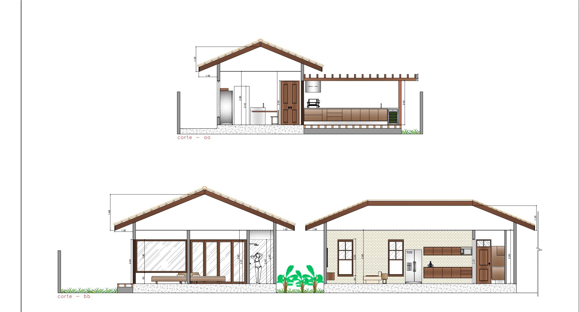 Section and elevation drawings showing gabled roofs with timber detailing and interior room layouts