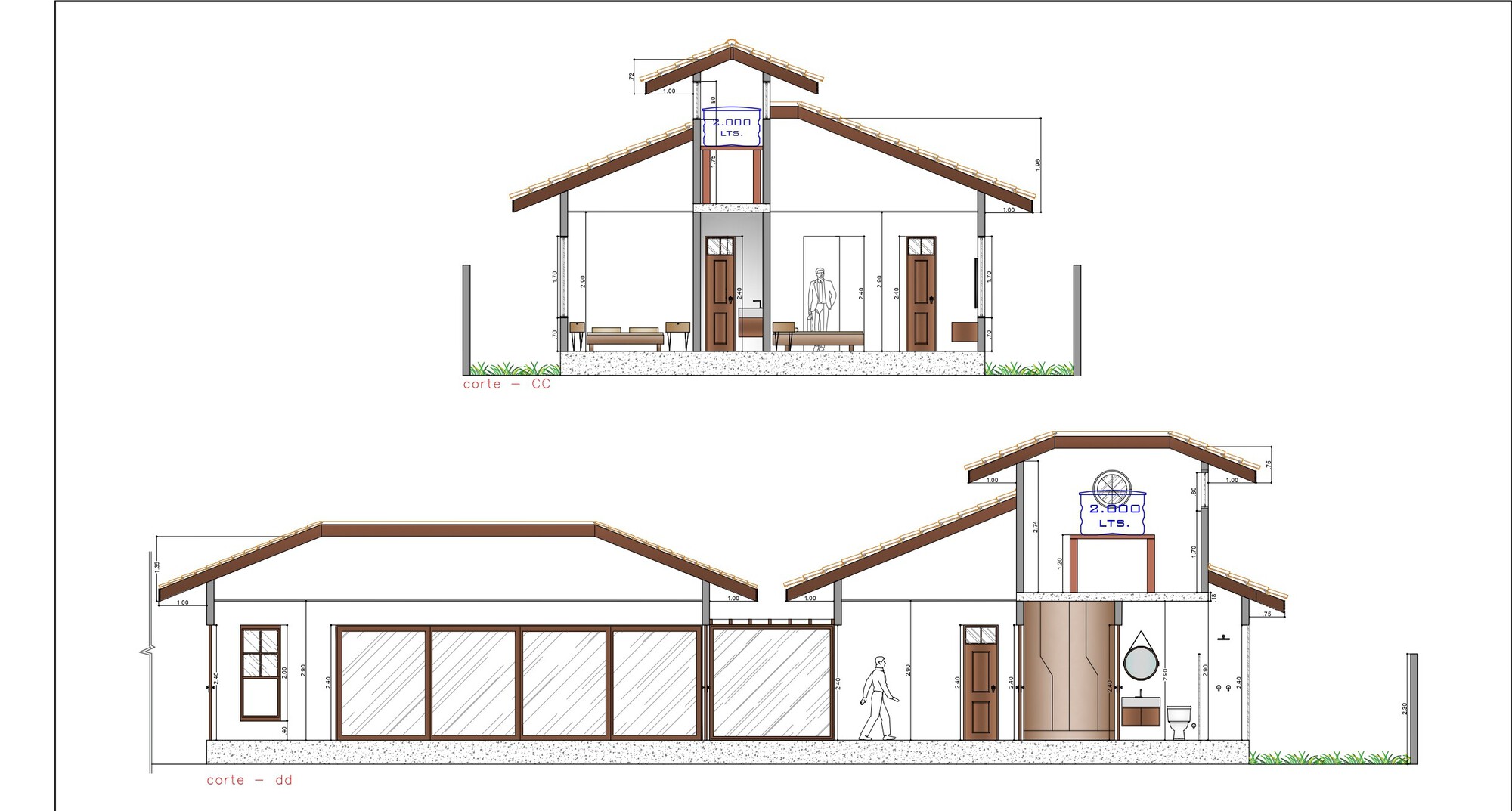 Section and elevation drawings illustrating gabled structures with pitched roofs and interior spaces
