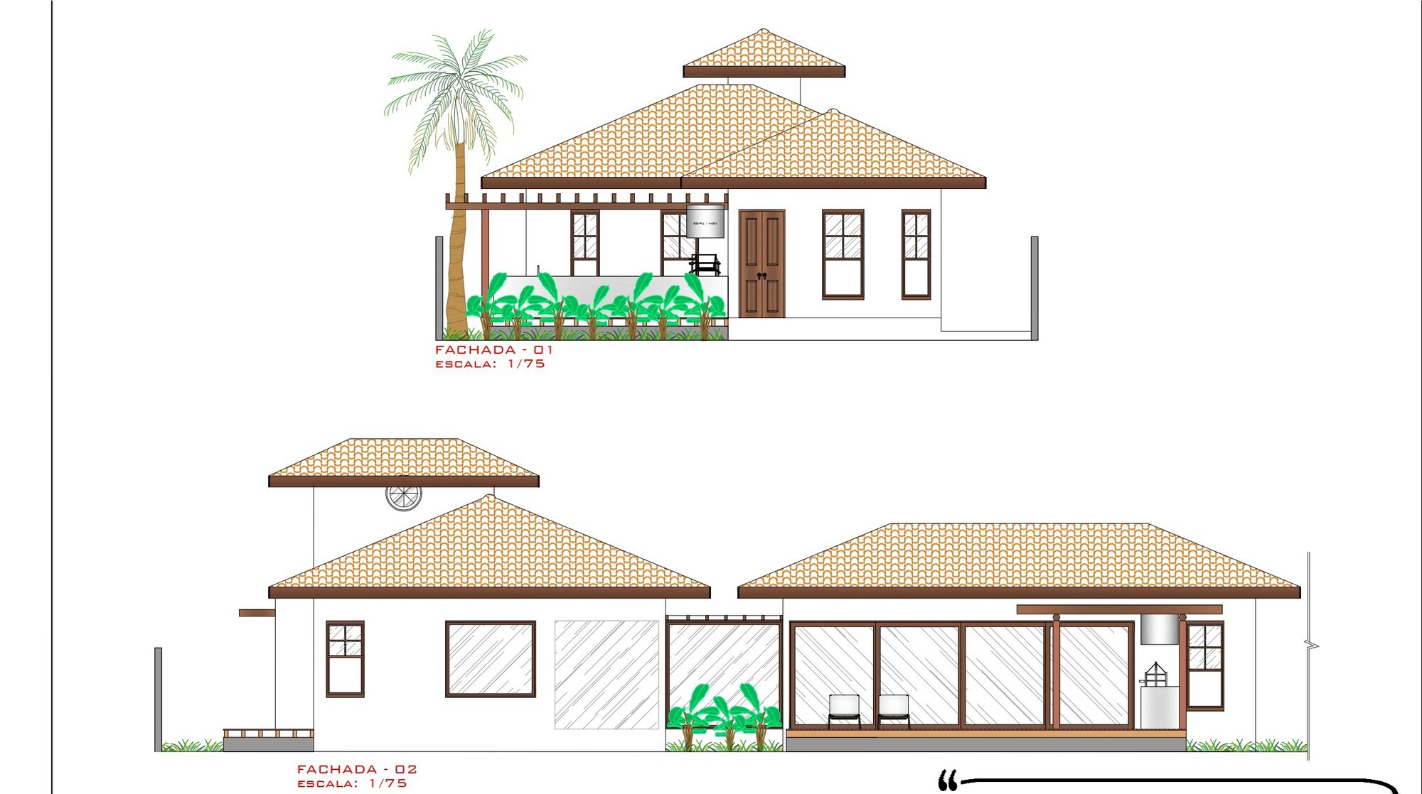 Elevation drawings featuring gabled roofs with tile patterns and framed openings alongside planted greenery
