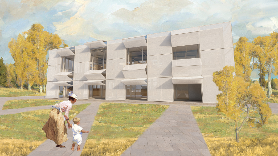 The compact community library features a dynamic façade with adjustable shading panels and a welcoming landscaped entrance.