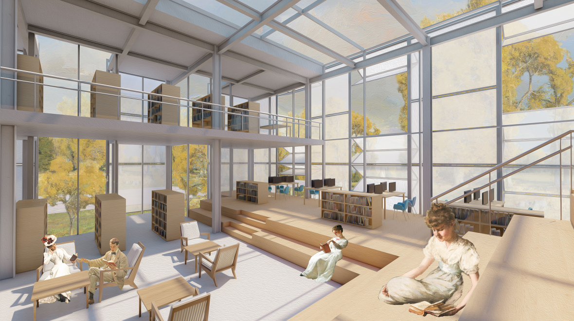 A bright, open interior combines reading areas, stepped seating, bookshelves and informal community spaces.