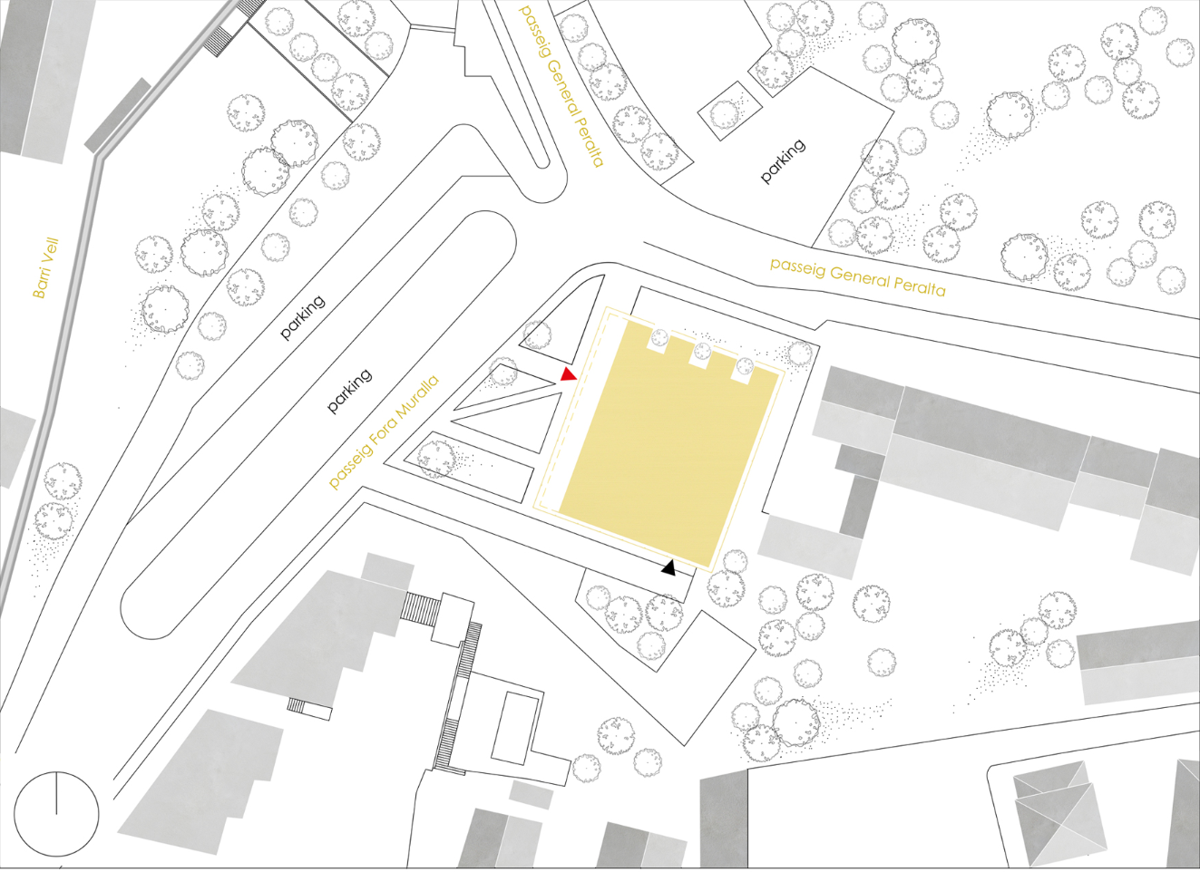The site plan shows the library positioned within a landscaped urban plot with separate public and staff access points.