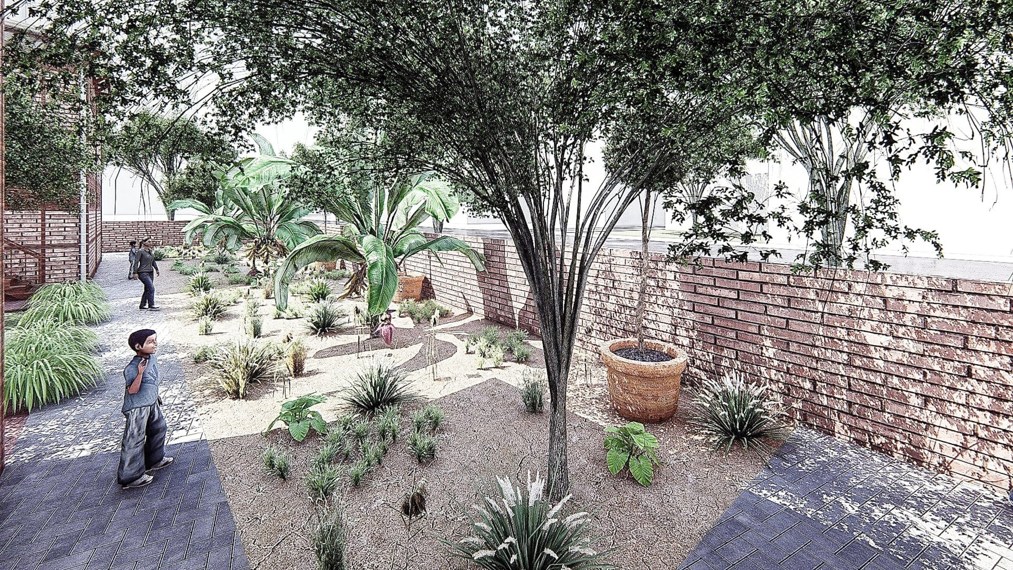 Planted garden space brings shade, food, and ecological value to the shelter.