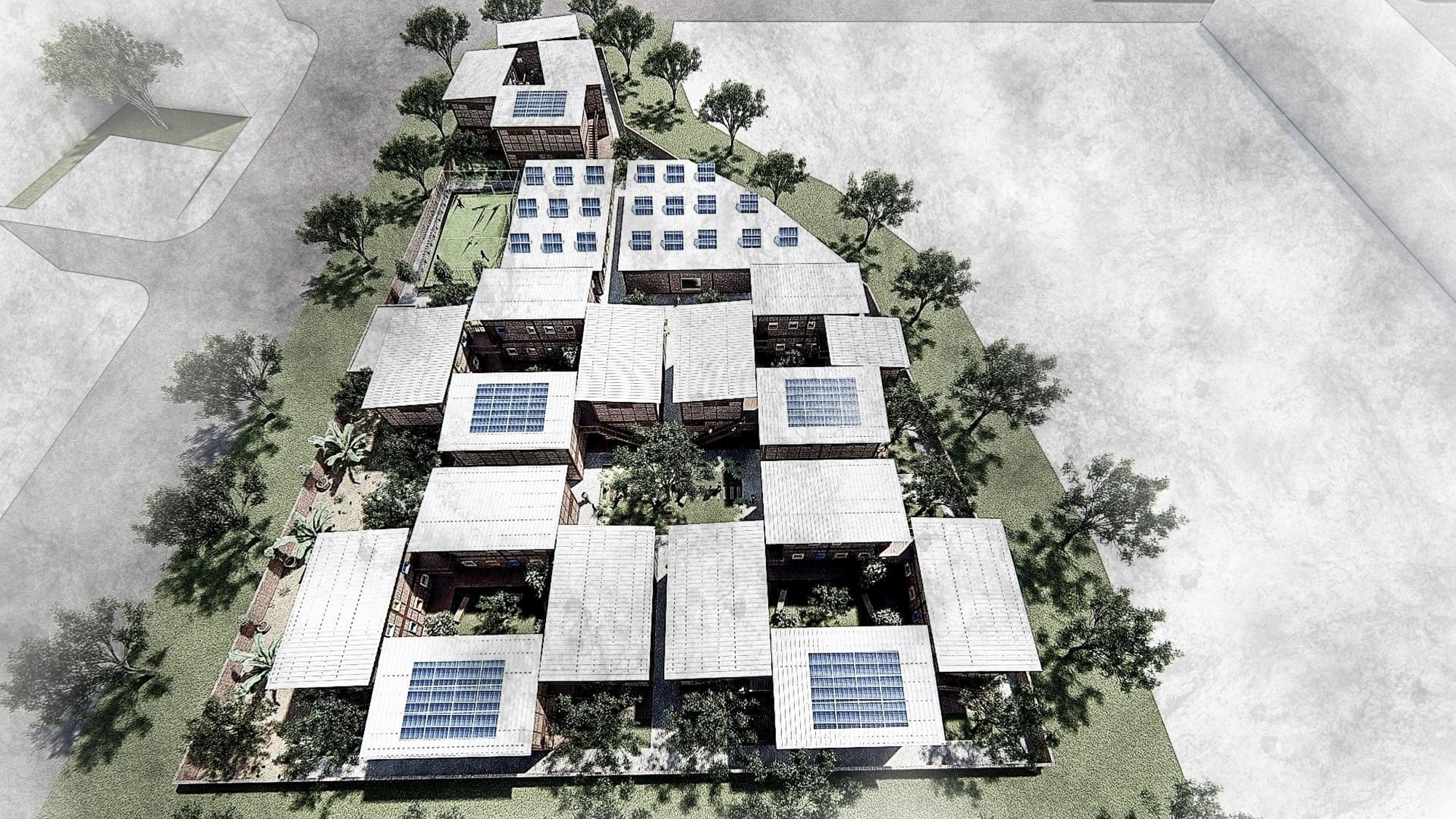 TRANSPLANT forms a compact village of bio shelters, courtyards, and renewable roofs.