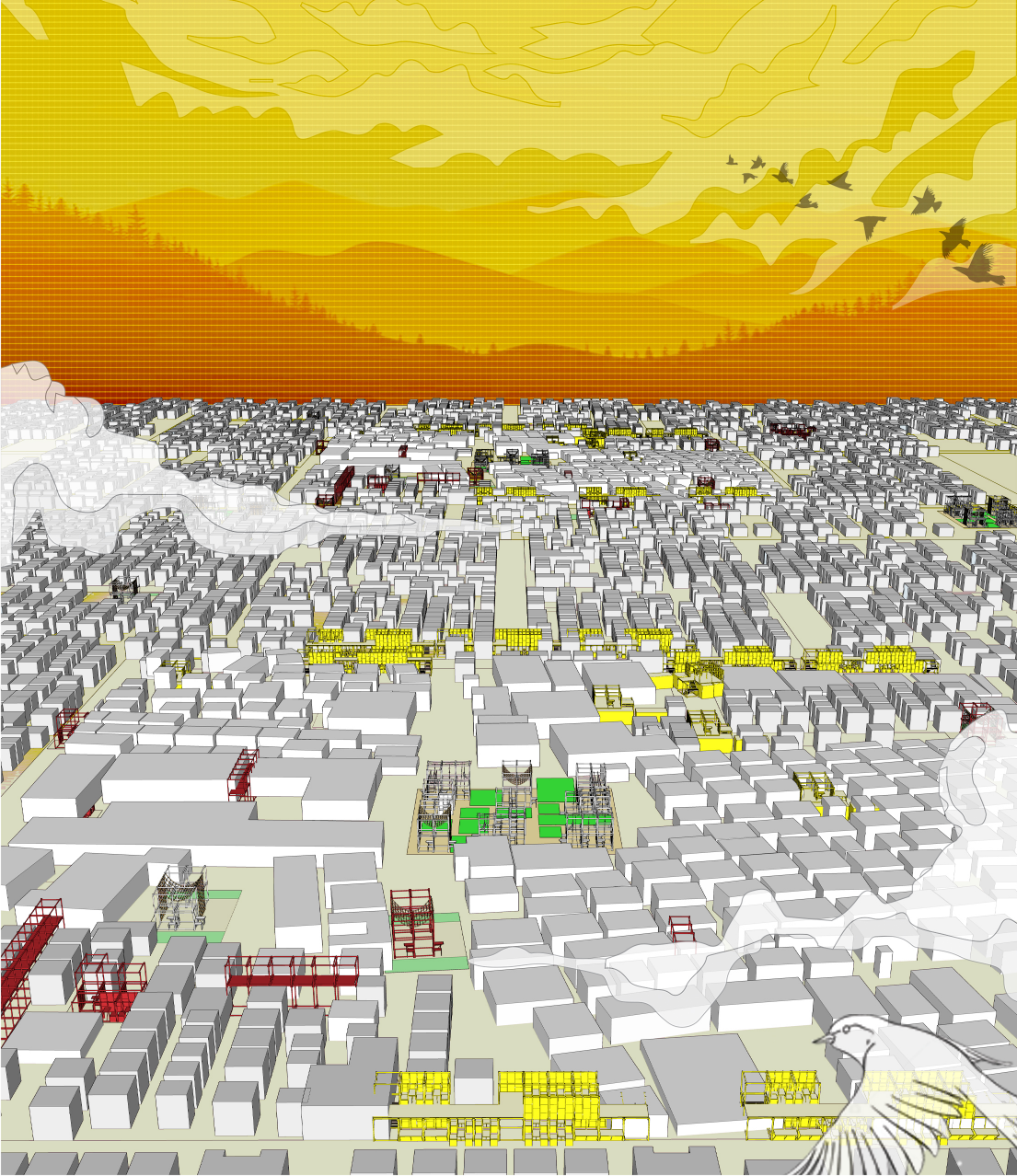 Aerial view showing (UN)BOX interventions distributed across the dense refugee camp fabric.