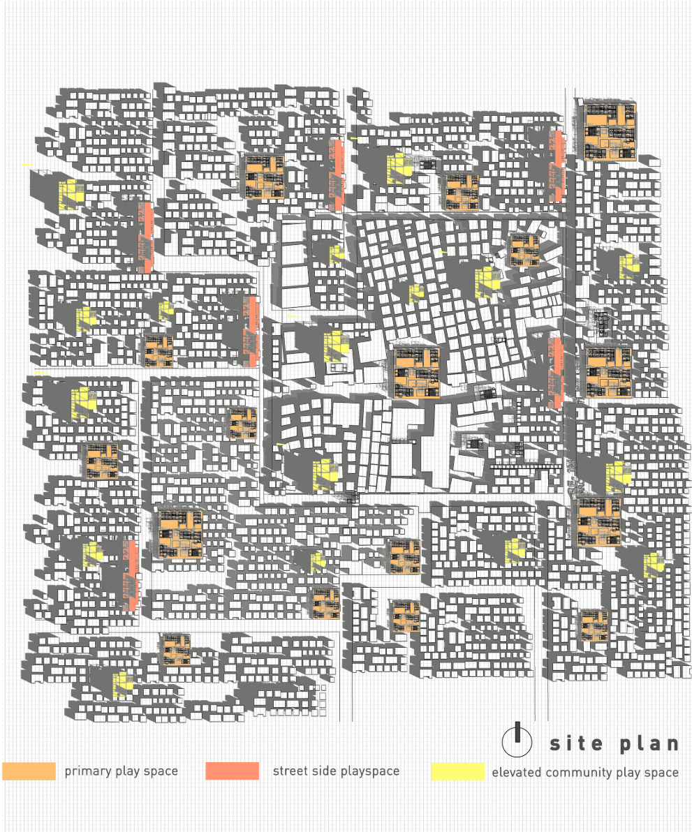 Site plan mapping primary, street-side and elevated community play spaces across the settlement.
