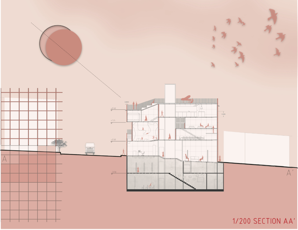 Section AA’ reveals the project’s layered vertical organization, connecting shared spaces, circulation, and underground levels across the sloping site.