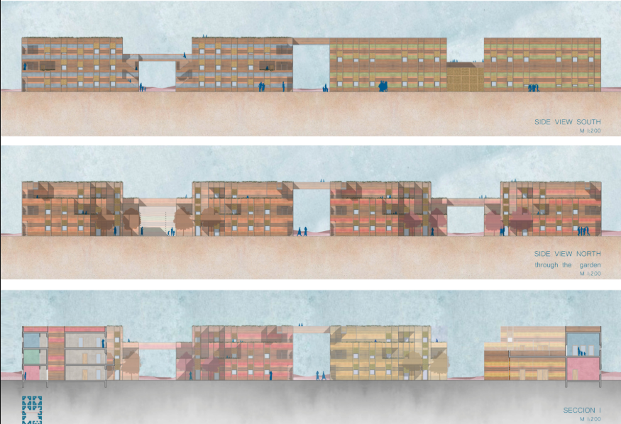 Elevations and sections reveal Resile’s layered clay architecture, connected volumes, bridges, and varied residential facades.