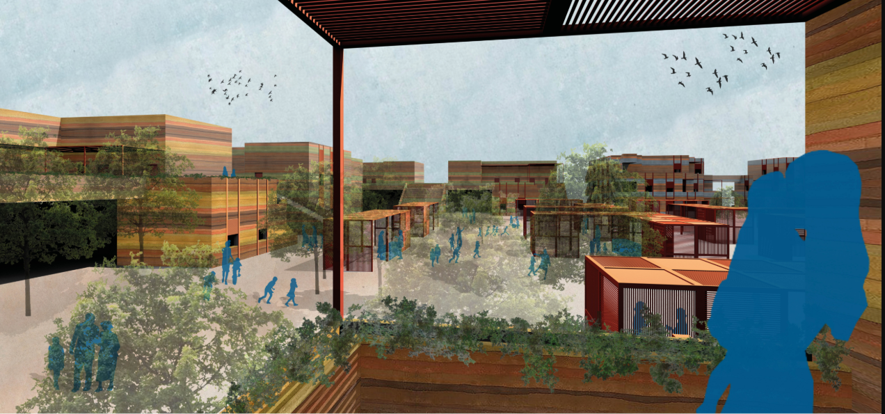 A courtyard perspective shows shaded walkways, vegetation, gathering spaces, and interconnected buildings forming an active community environment.
