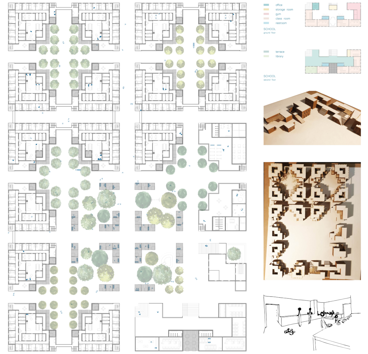 Plans and models illustrate Resile’s school and community spaces integrated with housing, courtyards, and a walkable landscape network.