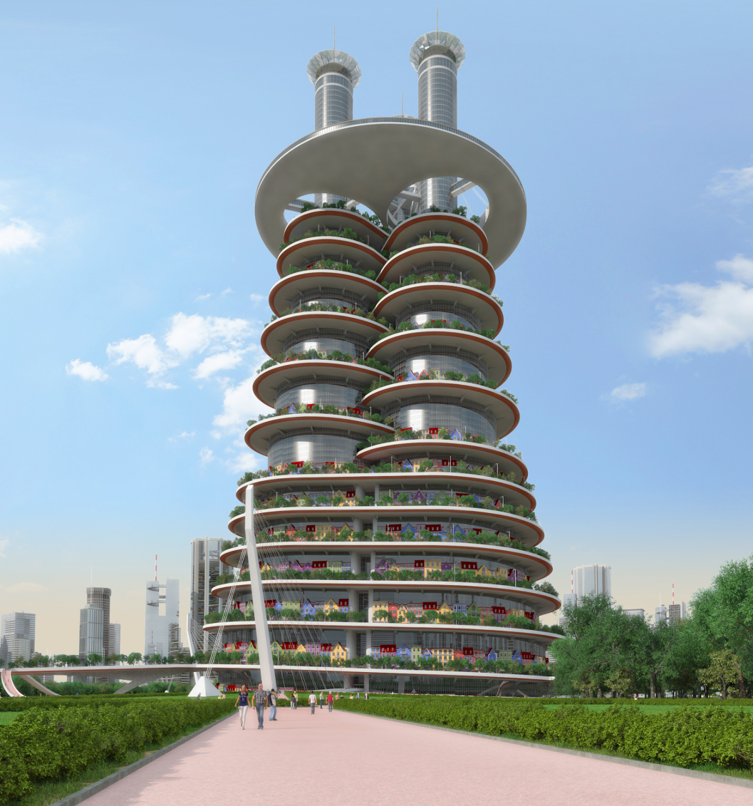 CityScraper rises as a layered vertical city, combining housing, greenery and urban infrastructure within a monumental megastructure.