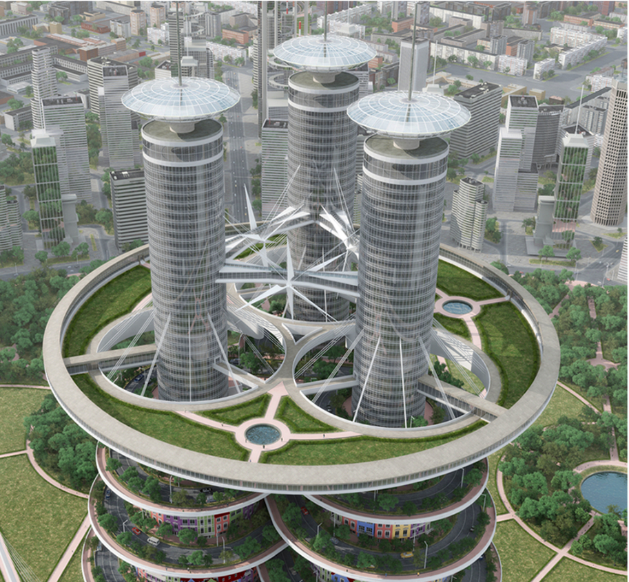 Three upper towers emerge from a landscaped circular crown, linking offices, elevated gardens and panoramic public spaces.
