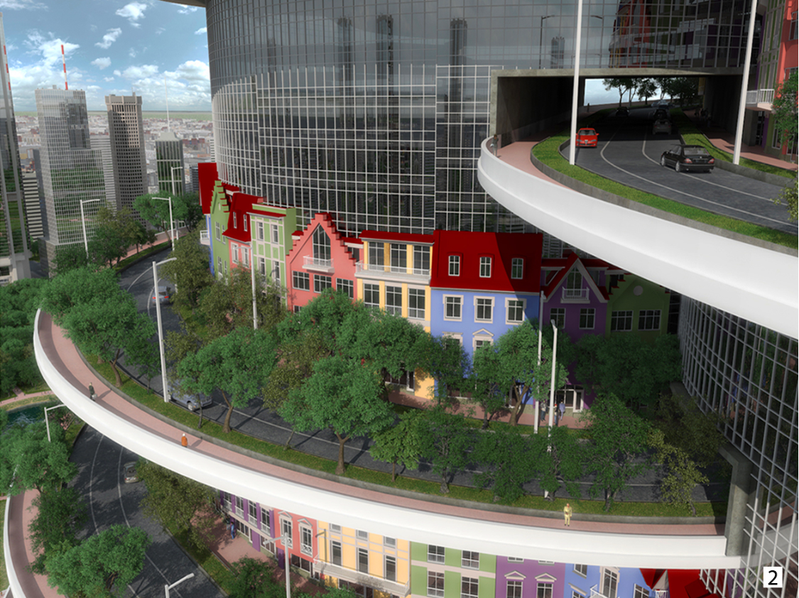 Tree-lined streets and colorful townhouse facades transform elevated levels into familiar, human-scale vertical neighborhoods.