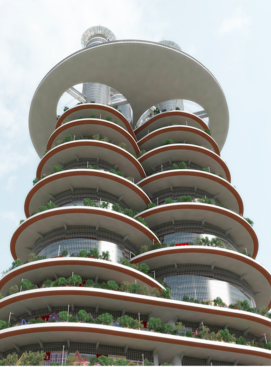 Layered circular terraces wrap the tower with planted edges, creating a continuous relationship between architecture and greenery.