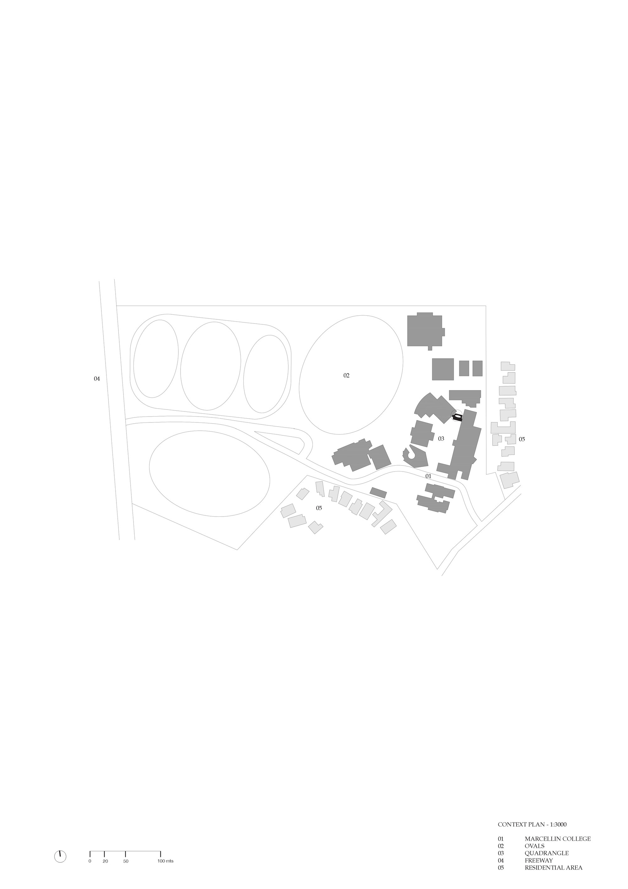 Site plan drawing showing circular ovals and angular building footprints arranged across the property
