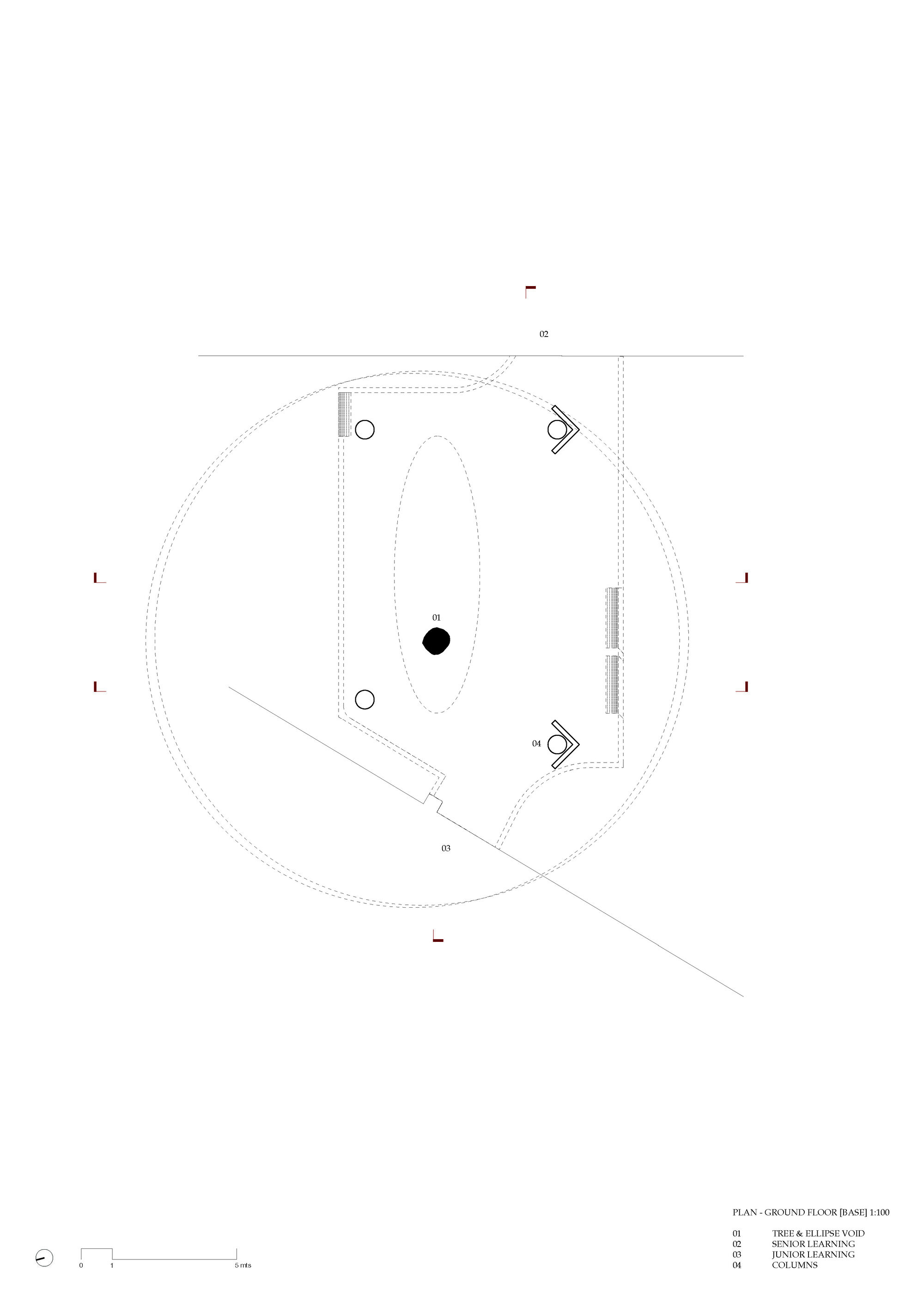 Ground floor plan drawing showing oval central void with circulation paths and surrounding program spaces