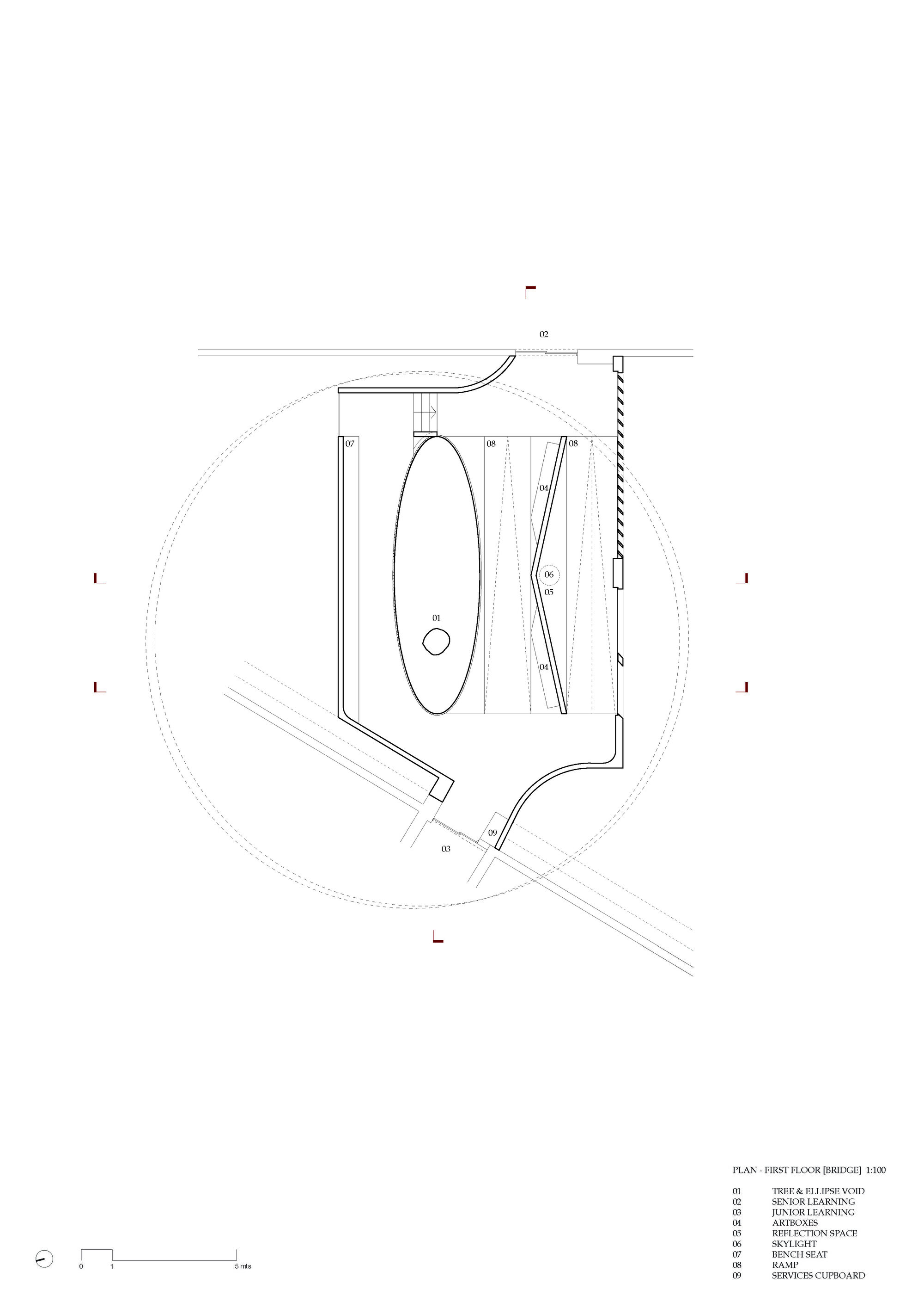 Floor plan drawing showing a bathroom with oval tub and angled entry with circular clearance zones