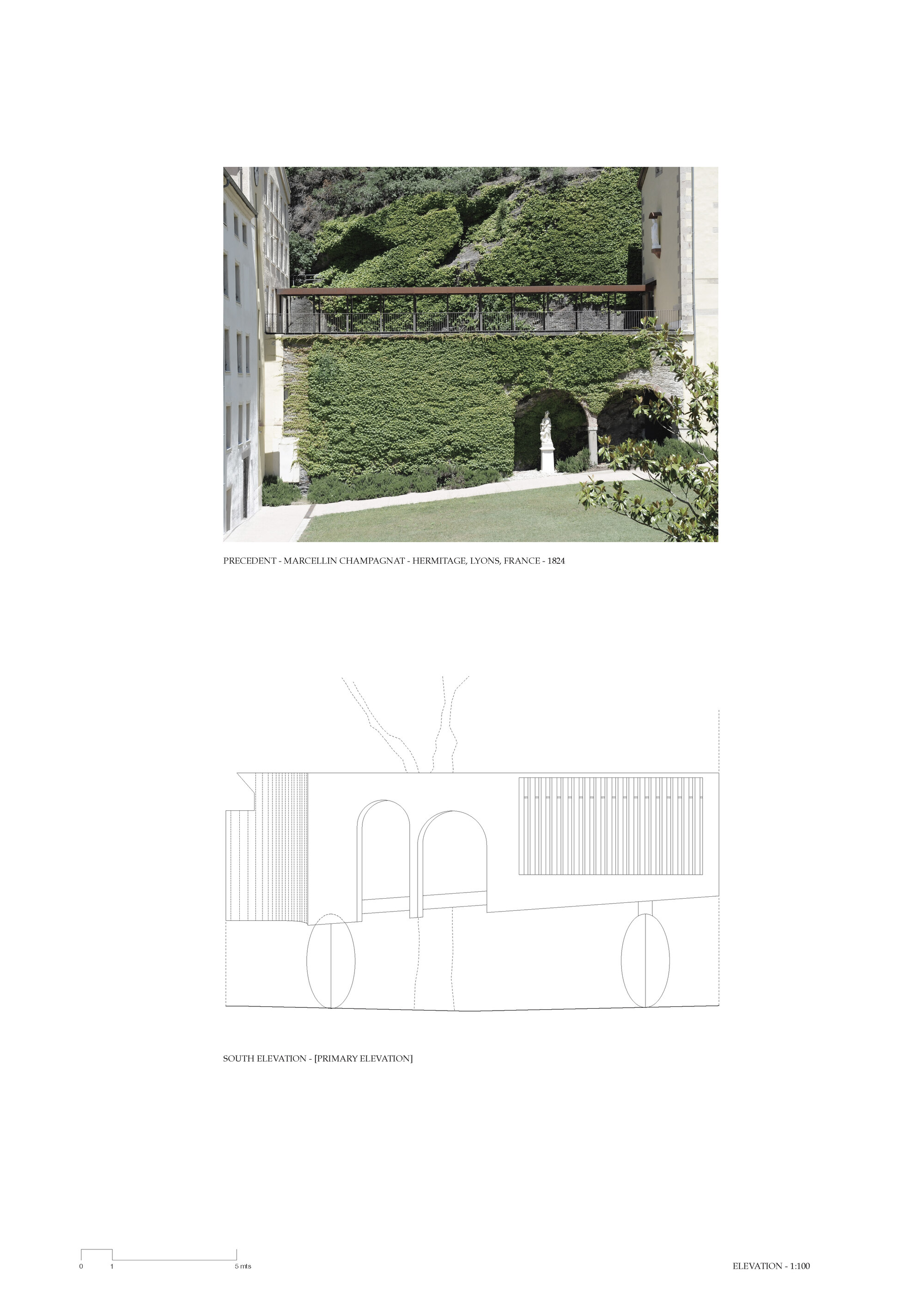 South elevation drawing showing arched openings with vertical slatted panels and planted trees