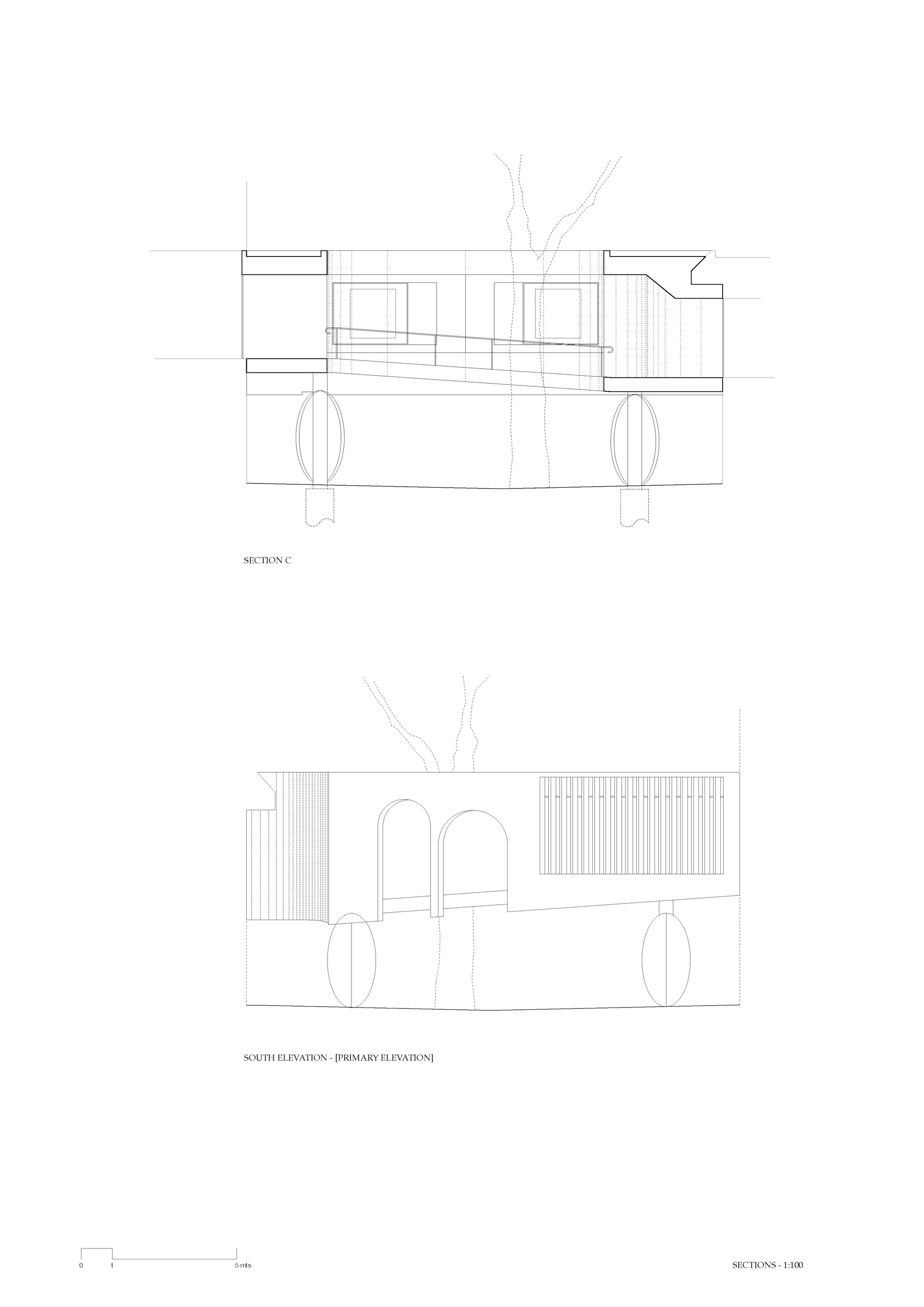 Section drawing showing interior volumes with arched openings and vertical slatted screen panels