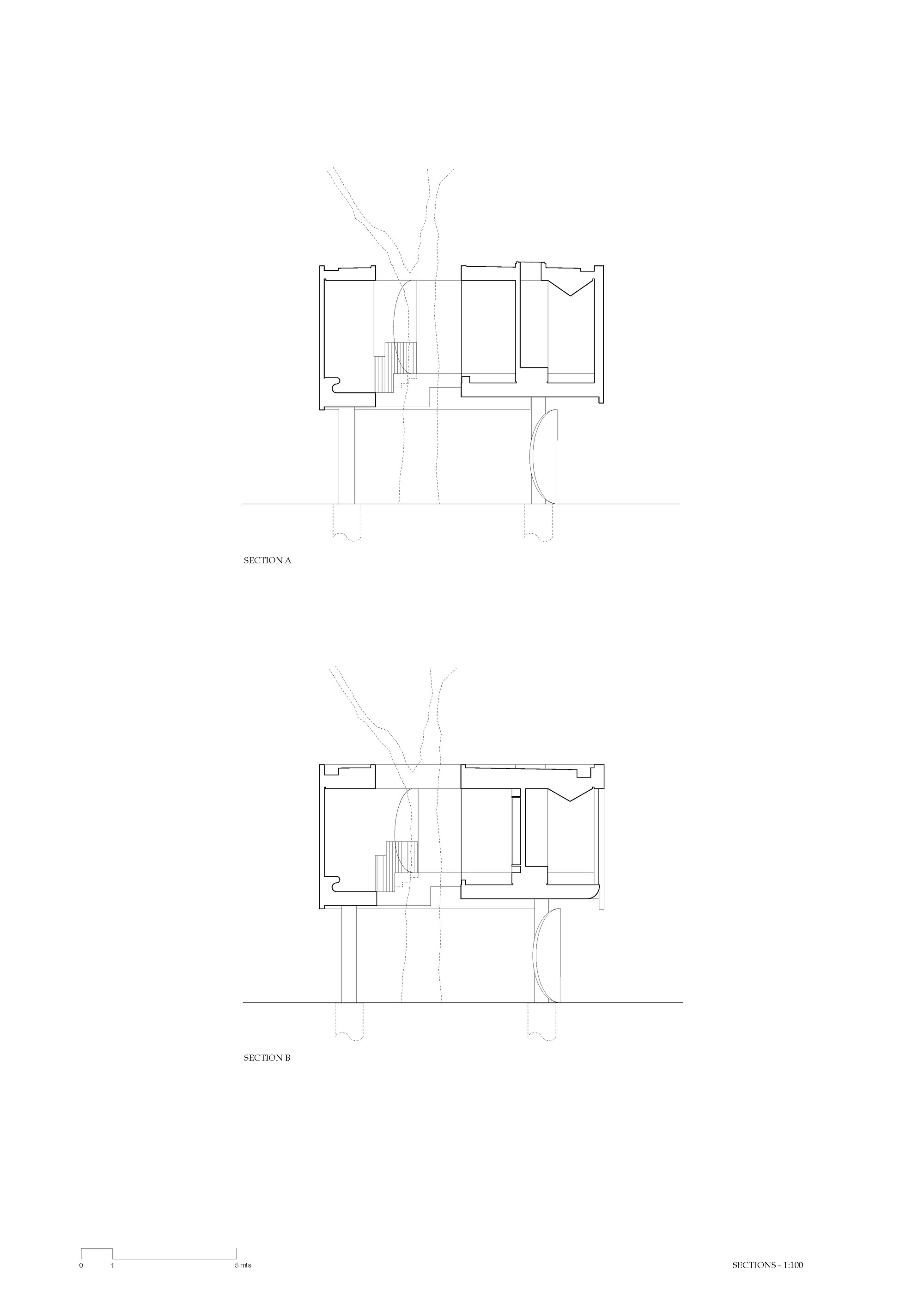 Section drawings showing interior room configurations with trees penetrating through the structure