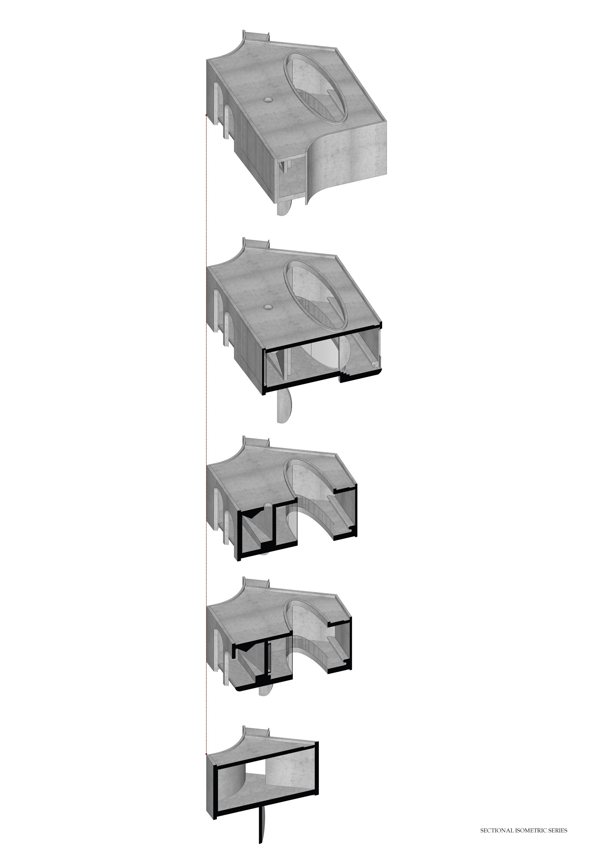 Sectional isometric drawing showing sequential removal of volumes from a structure with an elliptical roof opening