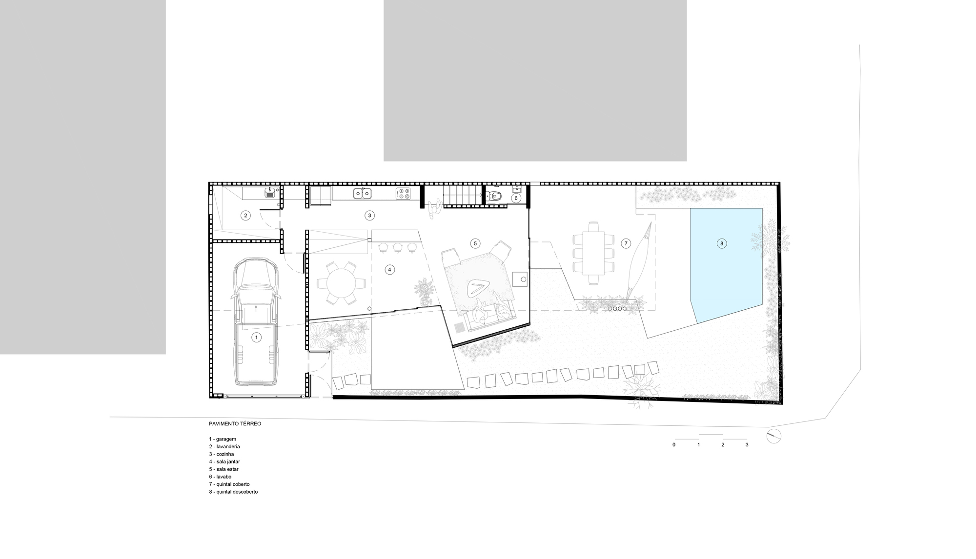 Ground floor plan showing garage, entry, living spaces, courtyard and pool with angled geometries