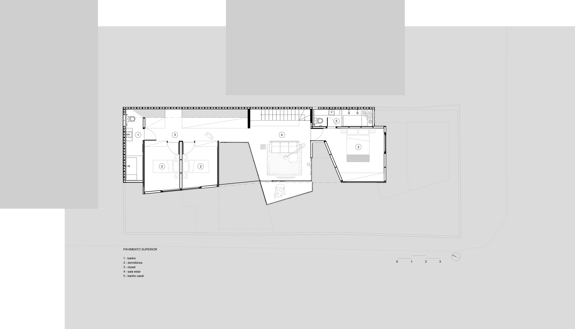 Upper floor plan showing bedrooms, bathrooms and living areas arranged around a central void