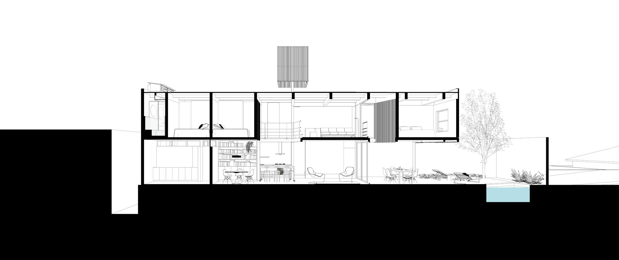 Longitudinal section drawing showing interior spaces stepping down the sloped site toward the pool