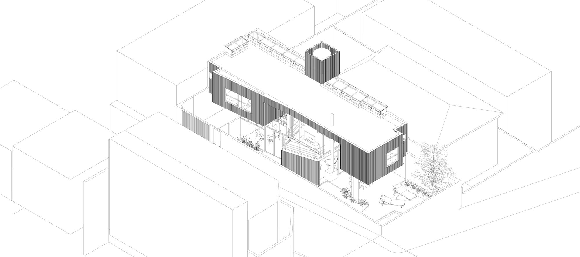 Axonometric drawing of the dark-clad rectangular volume with chimney and courtyard among neighboring buildings
