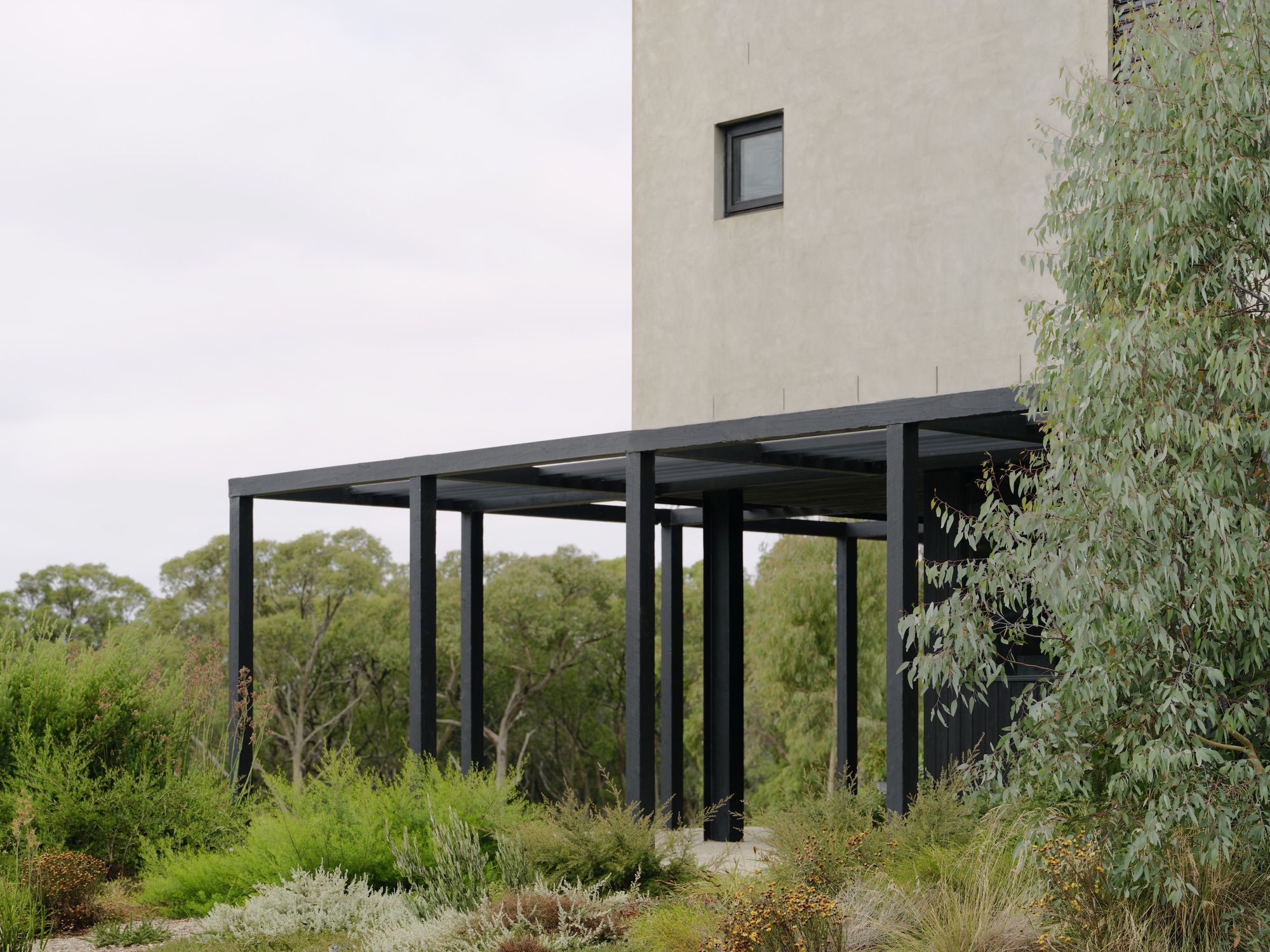 Black steel pergola extending from the concrete tower wall into planted garden beds